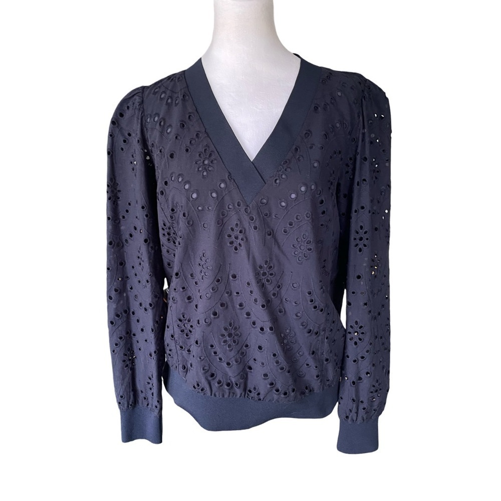 Express Navy Blue Eyelet Long Sleeve V-Neck Top Size Medium